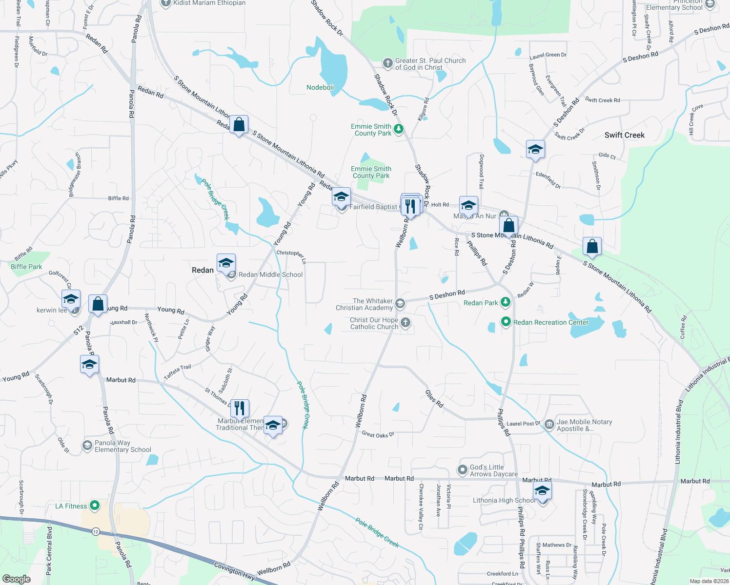 map of restaurants, bars, coffee shops, grocery stores, and more near 5977 Duren Meadows Dr in Lithonia