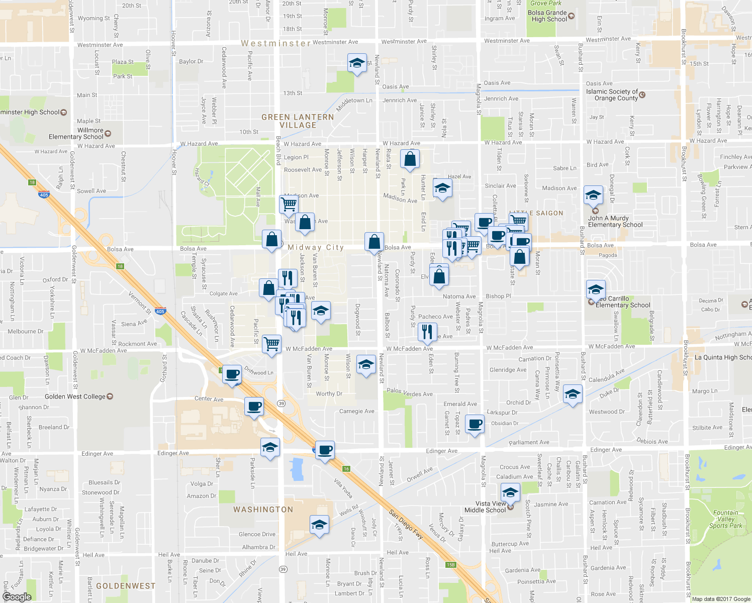 map of restaurants, bars, coffee shops, grocery stores, and more near 8492 Aspenwood Avenue in Westminster