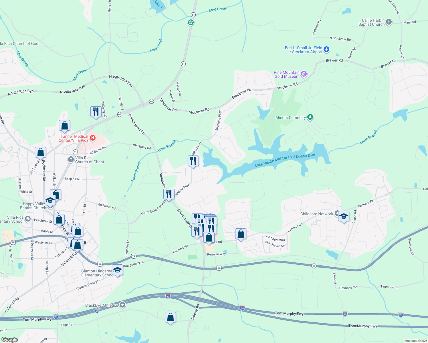 map of restaurants, bars, coffee shops, grocery stores, and more near 3007 Catamaran Cove in Villa Rica