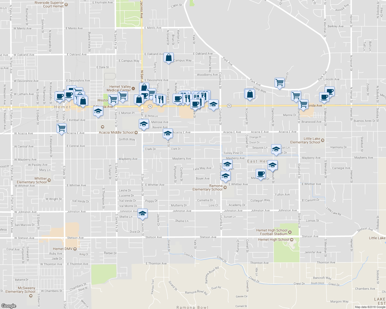 map of restaurants, bars, coffee shops, grocery stores, and more near 26213 Yale Street in Hemet