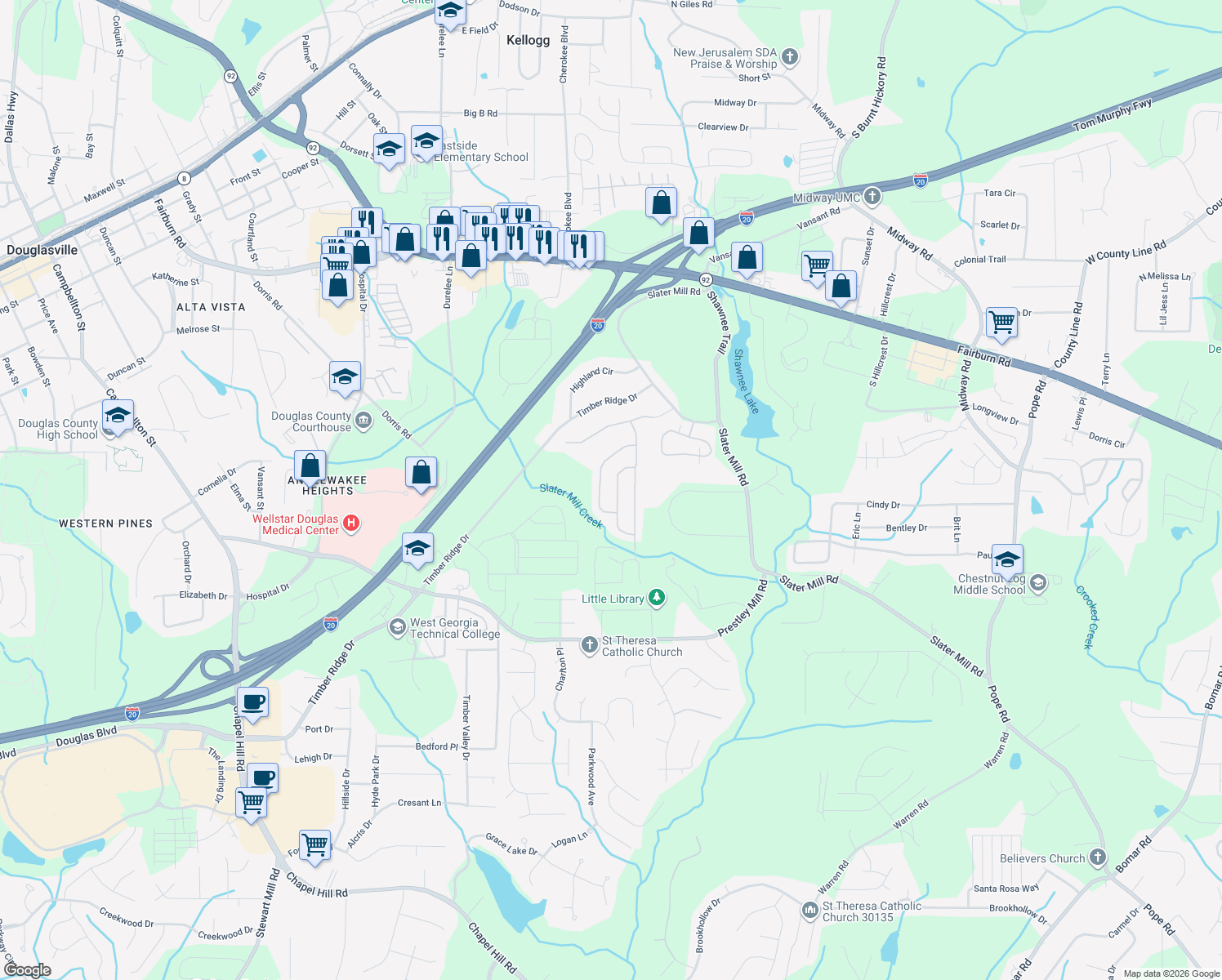 map of restaurants, bars, coffee shops, grocery stores, and more near 8731 Puett Drive in Douglasville