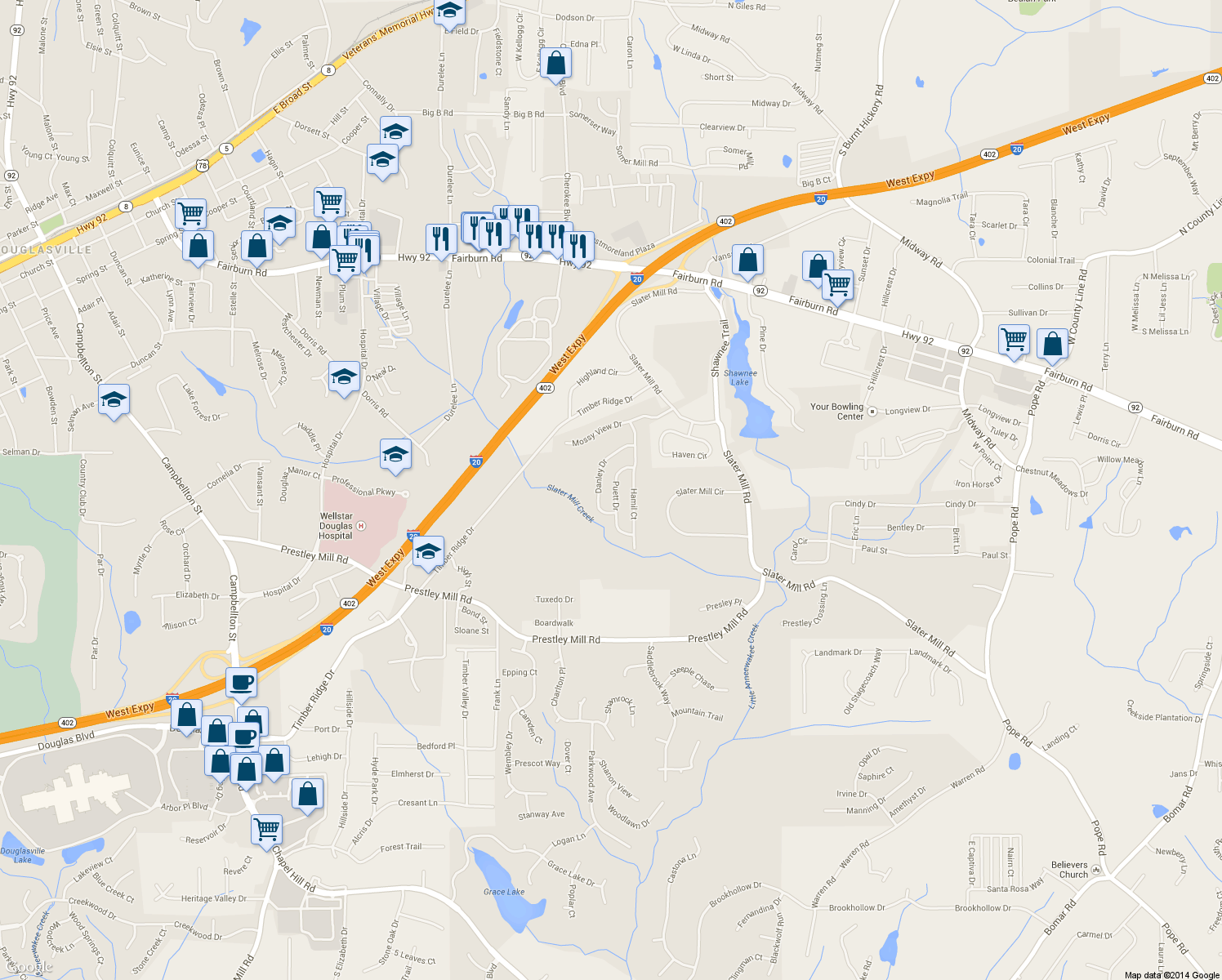 map of restaurants, bars, coffee shops, grocery stores, and more near 8731 Puett Dr in Douglasville