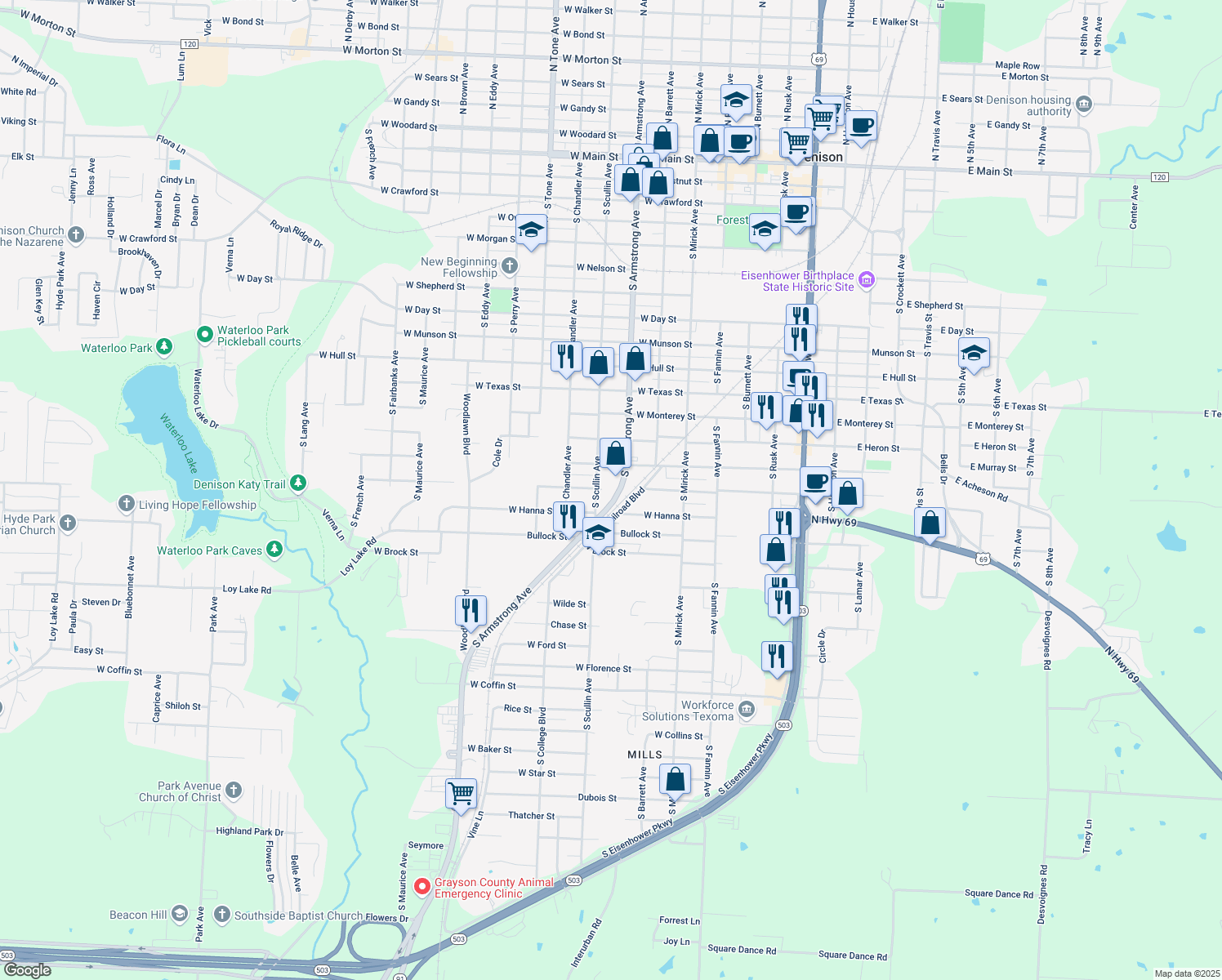 map of restaurants, bars, coffee shops, grocery stores, and more near 1501 South Armstrong Avenue in Denison