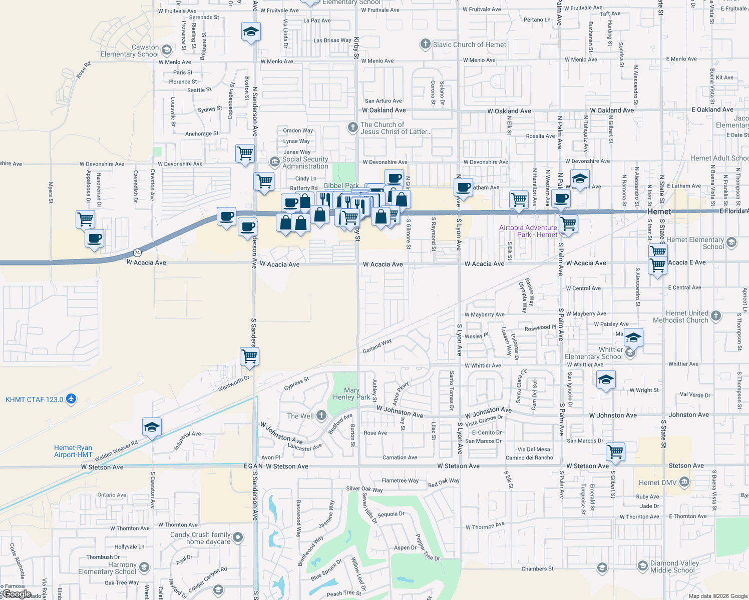 map of restaurants, bars, coffee shops, grocery stores, and more near 2382 Carlsbad Circle in Hemet