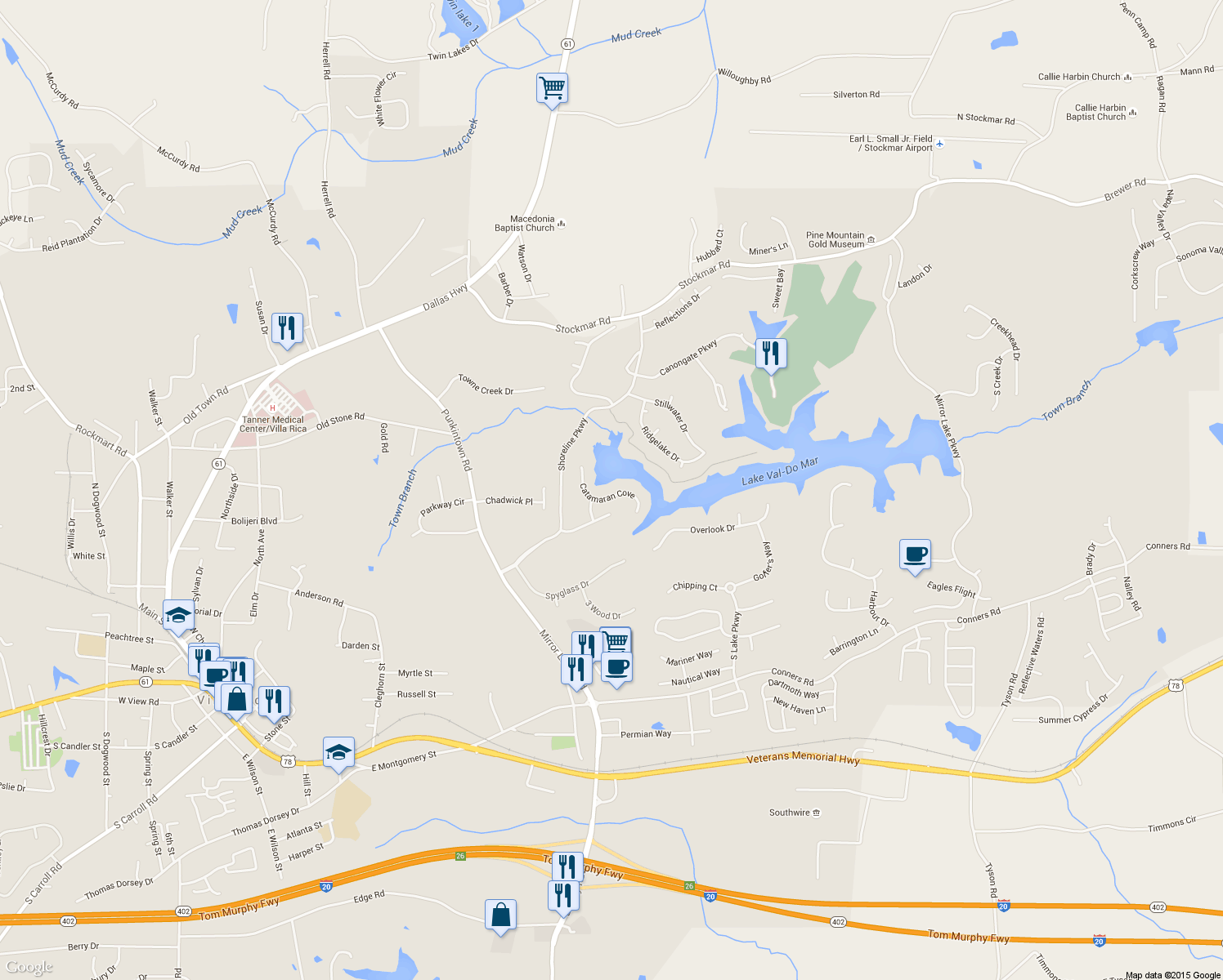 map of restaurants, bars, coffee shops, grocery stores, and more near 3018 Catamaran Cove in Villa Rica