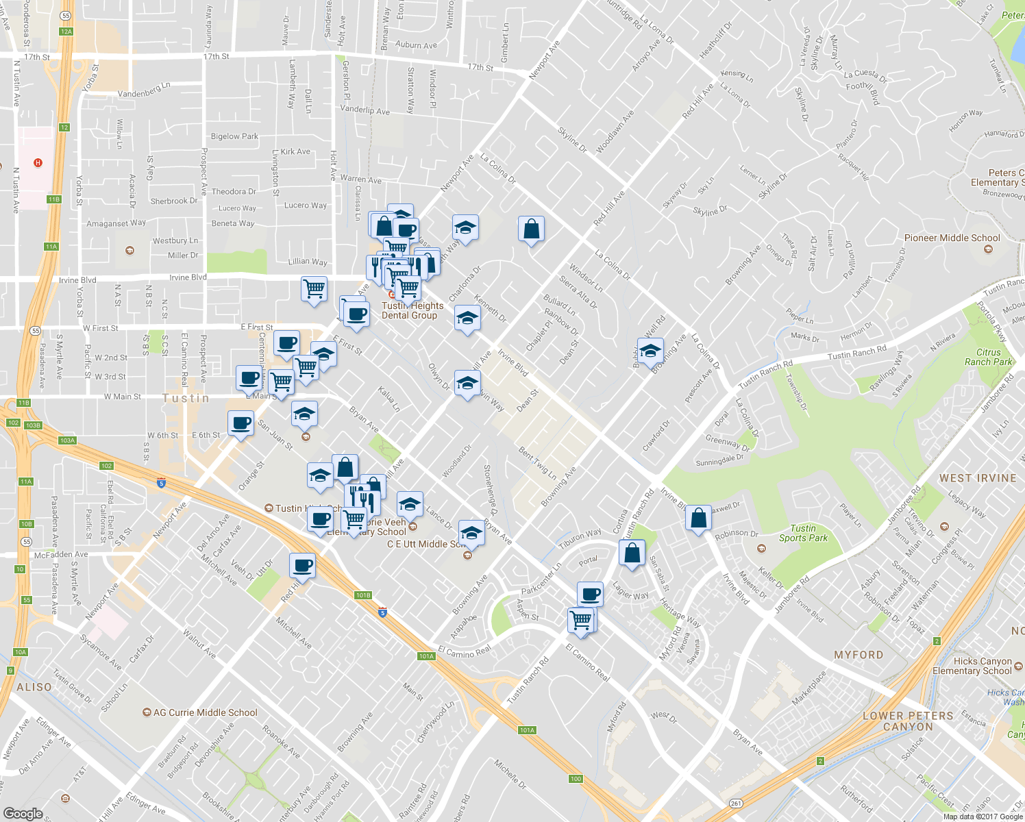 map of restaurants, bars, coffee shops, grocery stores, and more near 13121 Dean Street in Tustin