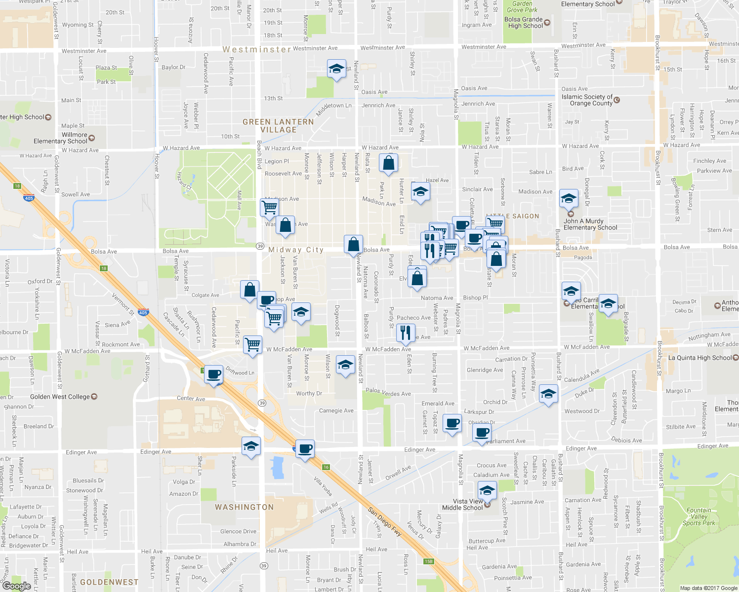 map of restaurants, bars, coffee shops, grocery stores, and more near 15232 Clemente Street in Westminster