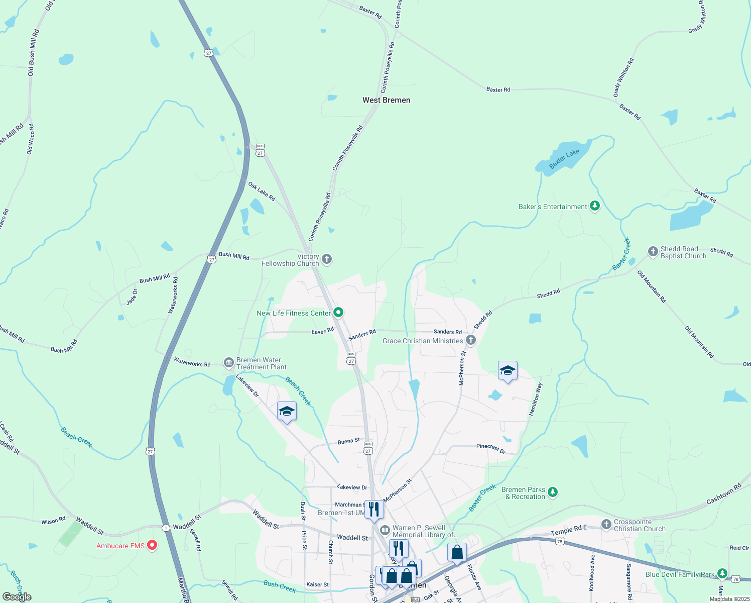 map of restaurants, bars, coffee shops, grocery stores, and more near 115 Waterford Rd in Bremen