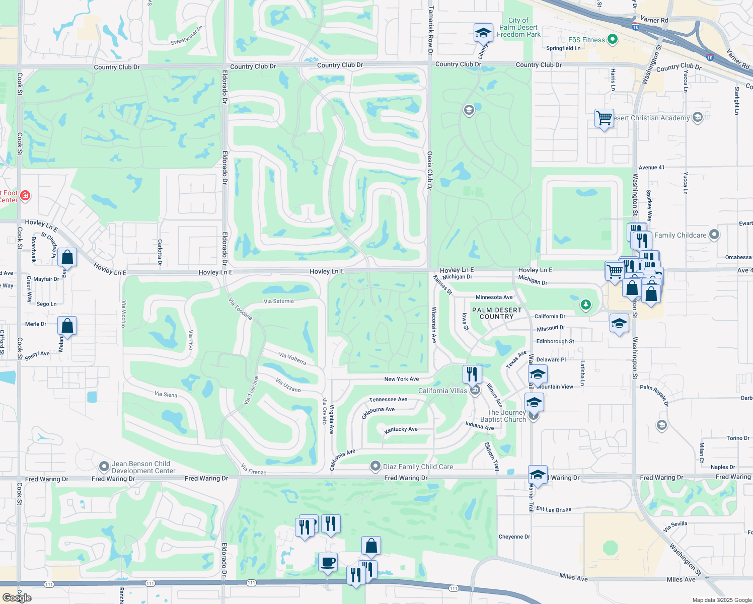 map of restaurants, bars, coffee shops, grocery stores, and more near 42300 Casbah Way in Palm Desert