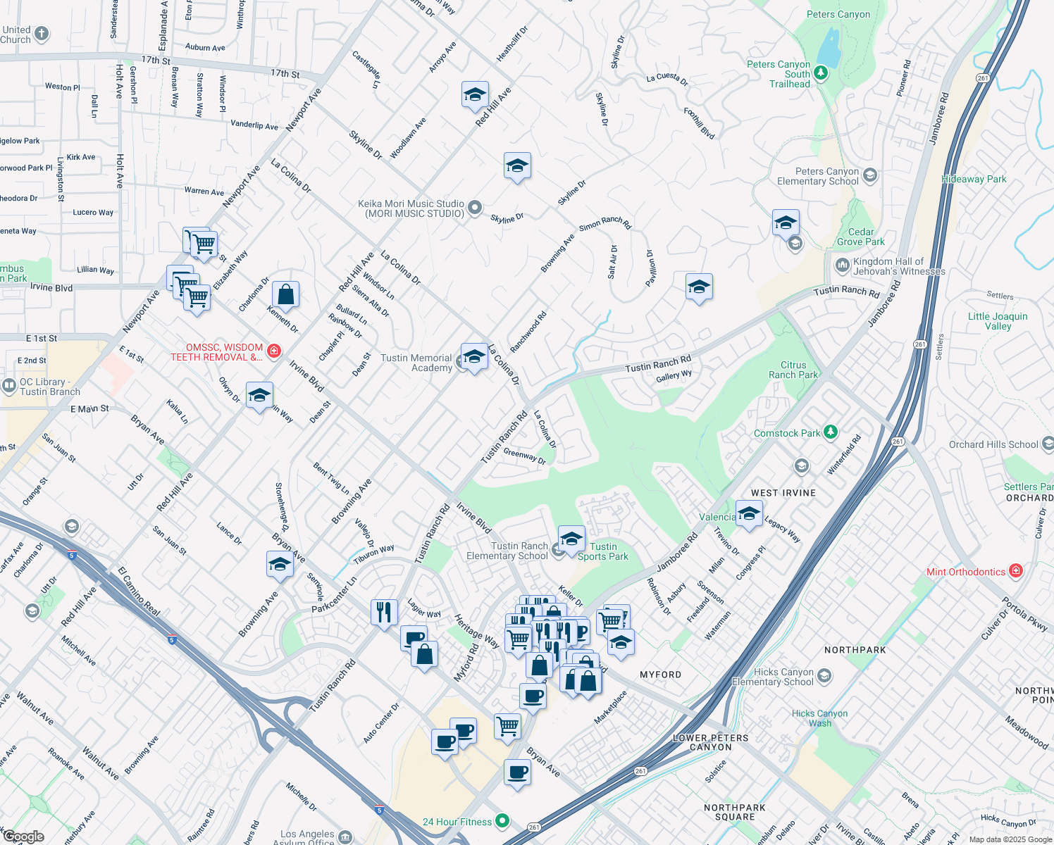 map of restaurants, bars, coffee shops, grocery stores, and more near 12605 Doral in Tustin