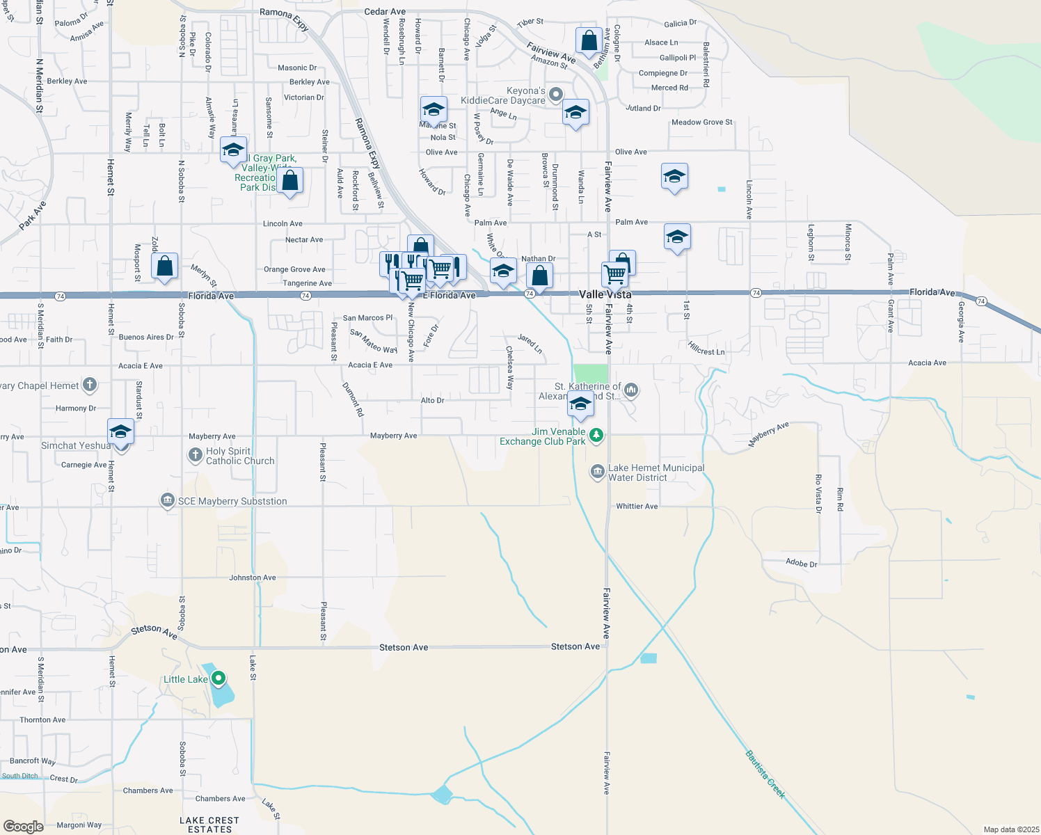 map of restaurants, bars, coffee shops, grocery stores, and more near 43678 Pioneer Avenue in Hemet