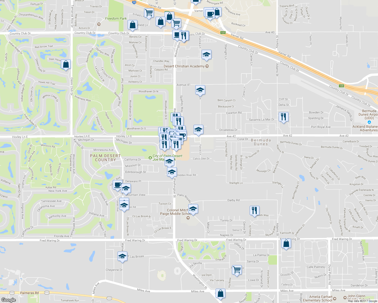 map of restaurants, bars, coffee shops, grocery stores, and more near 78136 Desert Mountain Circle in Bermuda Dunes