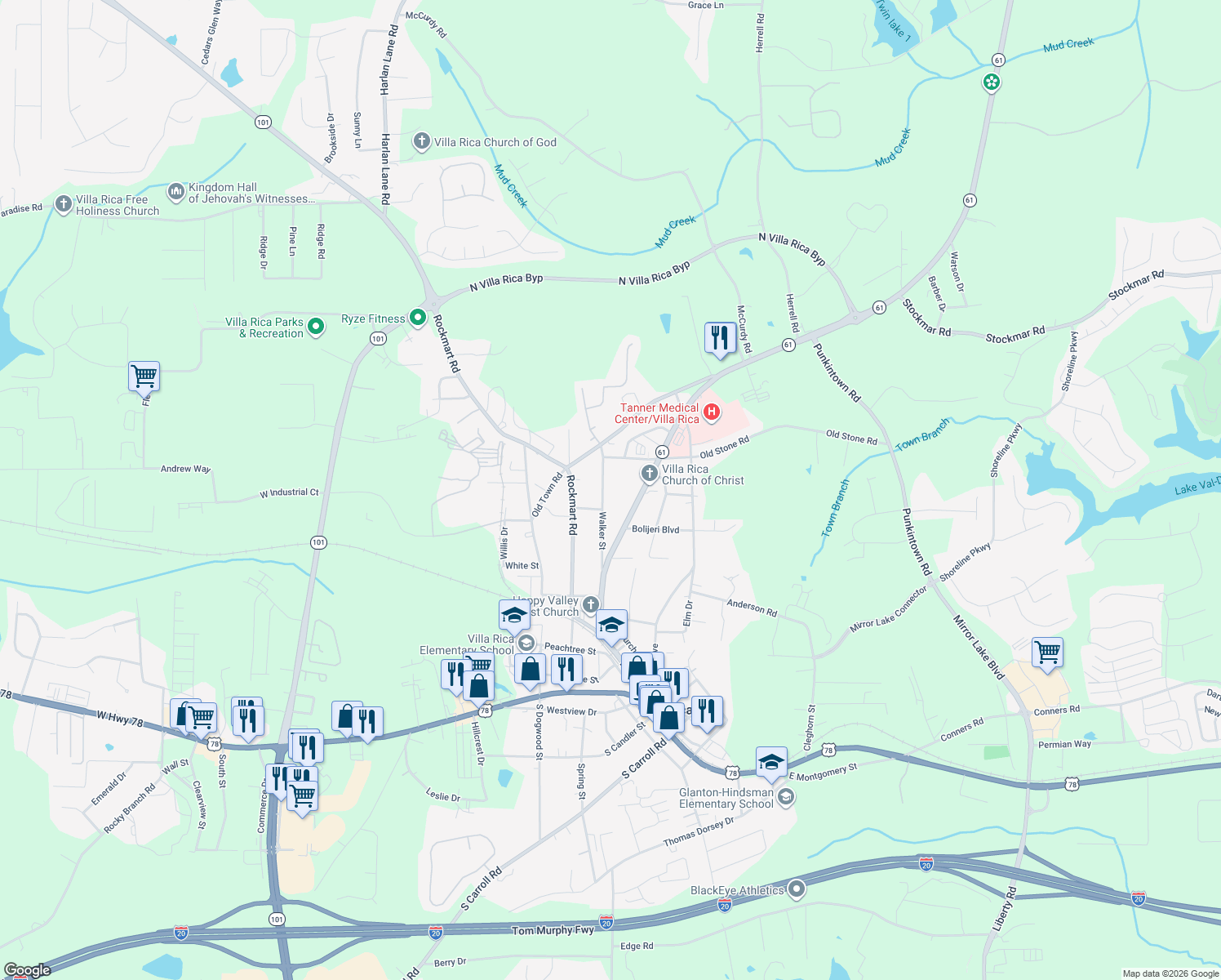 map of restaurants, bars, coffee shops, grocery stores, and more near 415 Walker Street in Villa Rica