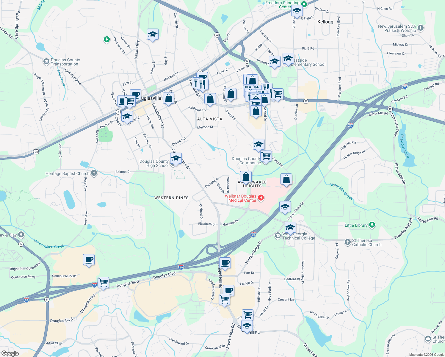 map of restaurants, bars, coffee shops, grocery stores, and more near 6292 Cornelia Drive in Douglasville