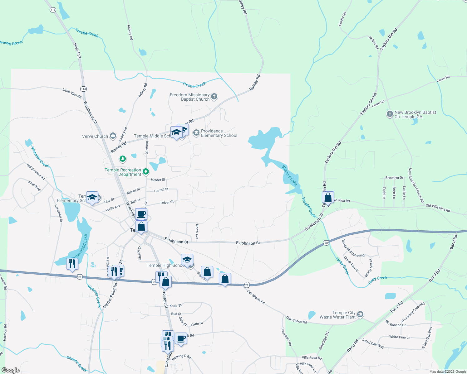 map of restaurants, bars, coffee shops, grocery stores, and more near 200 Ivey Lake Parkway in Temple