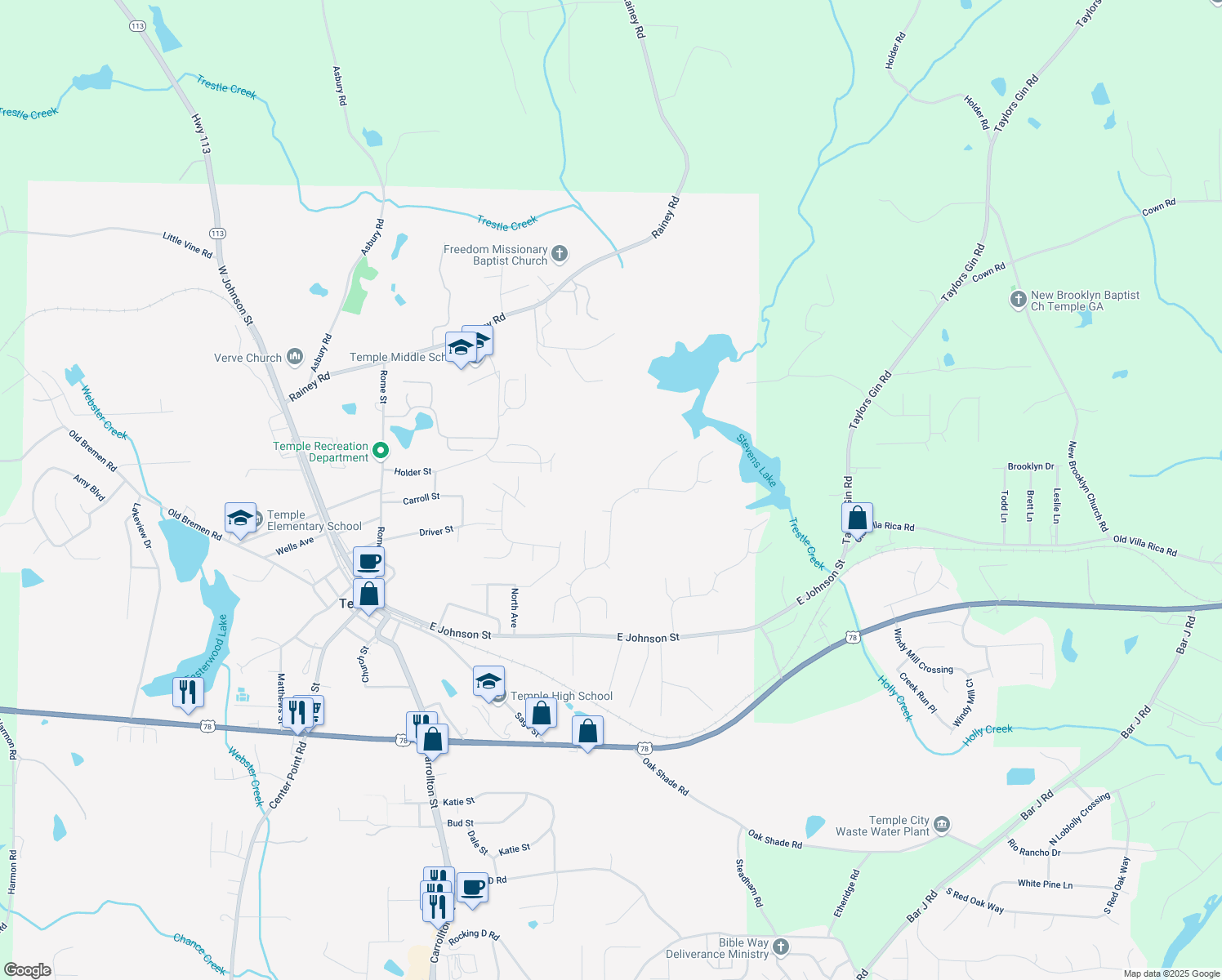 map of restaurants, bars, coffee shops, grocery stores, and more near 200 Ivey Lake Parkway in Temple