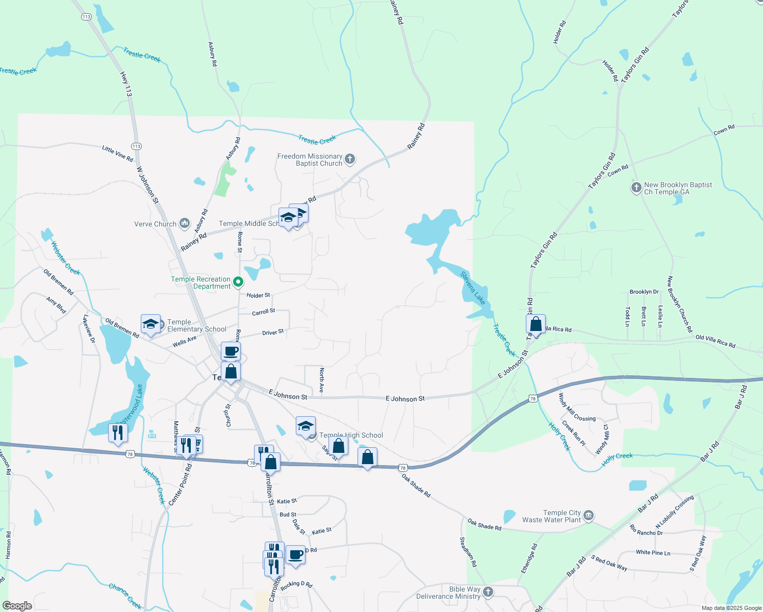 map of restaurants, bars, coffee shops, grocery stores, and more near 200 Ivey Lake Parkway in Temple