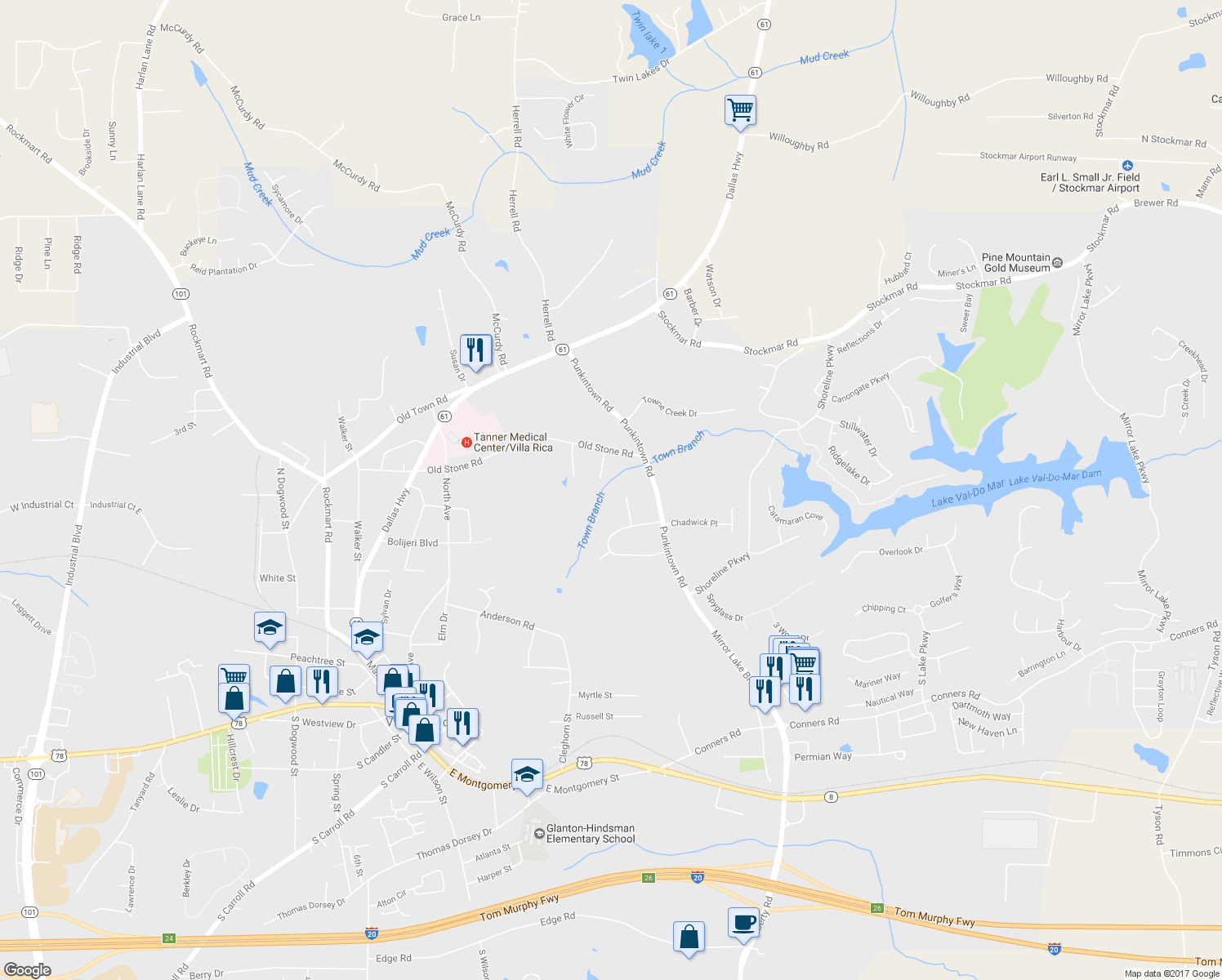 map of restaurants, bars, coffee shops, grocery stores, and more near 58 Stoneway Drive in Villa Rica