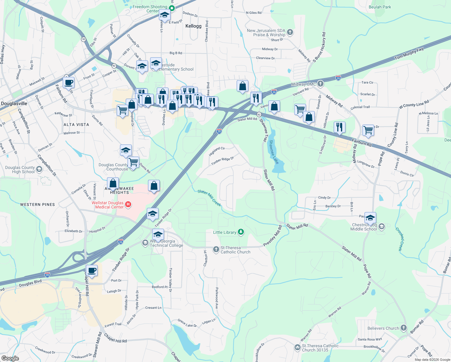 map of restaurants, bars, coffee shops, grocery stores, and more near 8718 Danley Dr in Douglasville