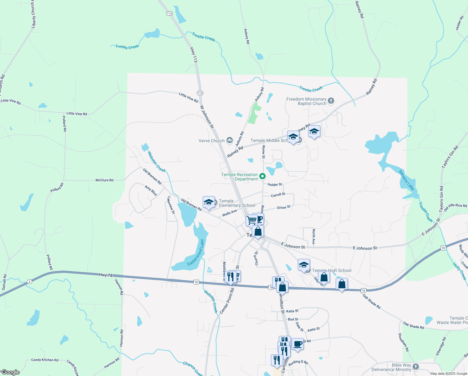 map of restaurants, bars, coffee shops, grocery stores, and more near 65 Sage Street in Temple