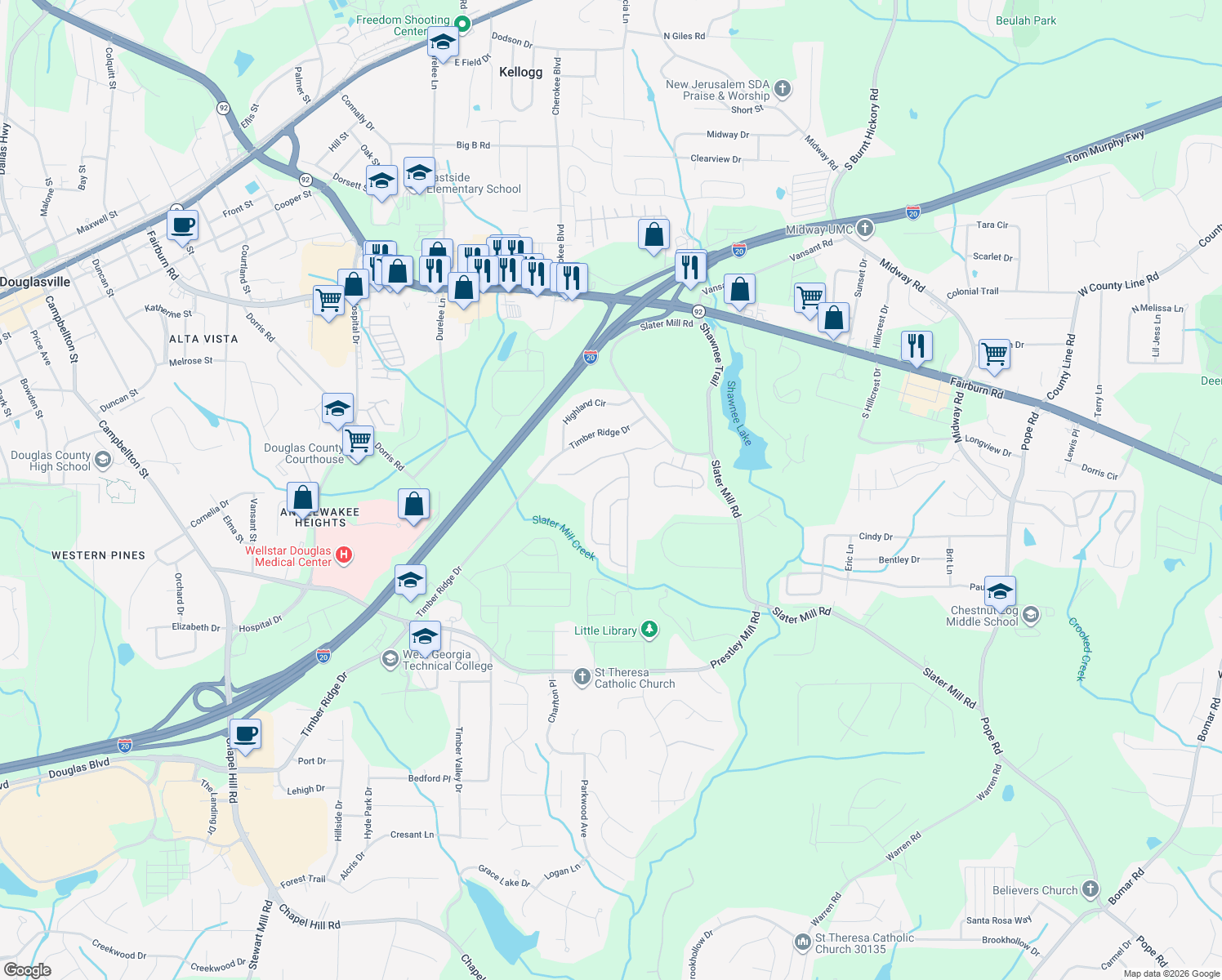 map of restaurants, bars, coffee shops, grocery stores, and more near 8716 Danley Dr in Douglasville