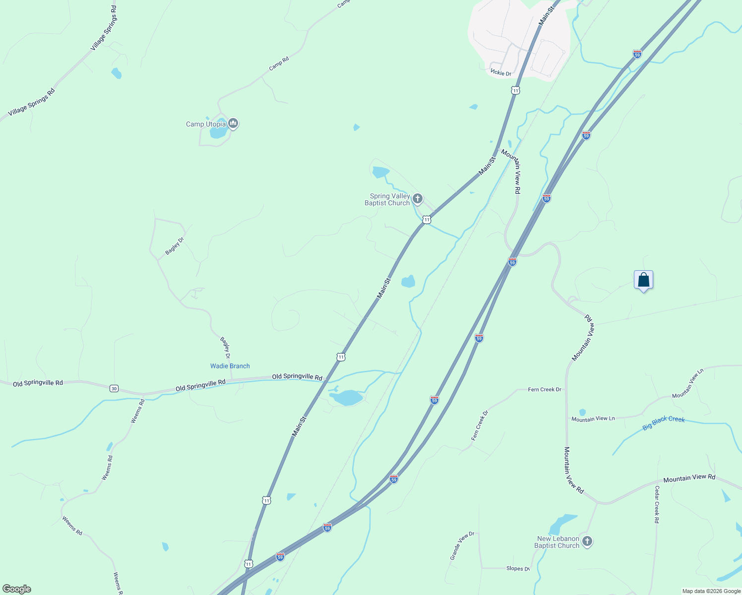map of restaurants, bars, coffee shops, grocery stores, and more near 3671 U.S. 11 in Springville