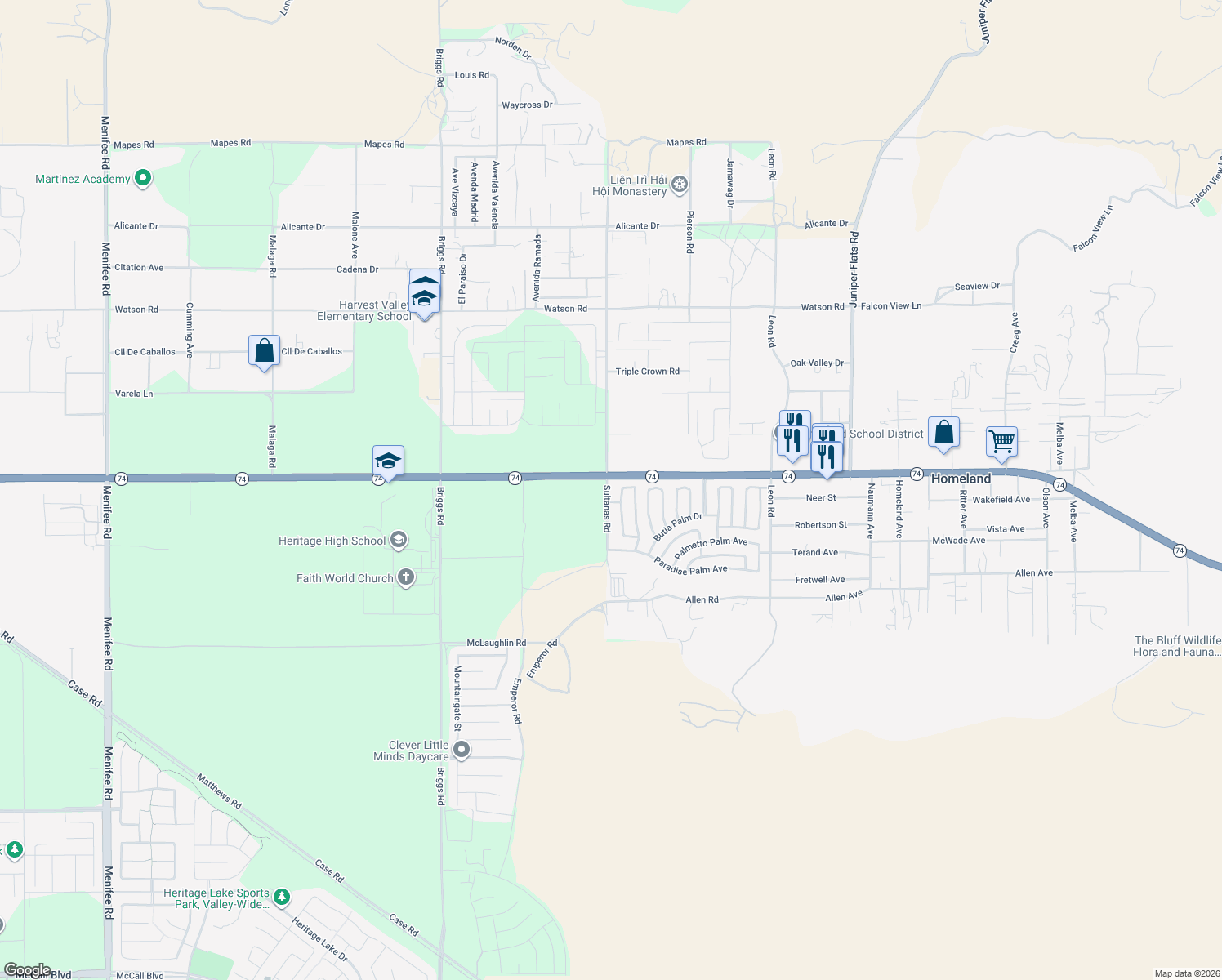 map of restaurants, bars, coffee shops, grocery stores, and more near 26040 Sultanas Rd in Homeland