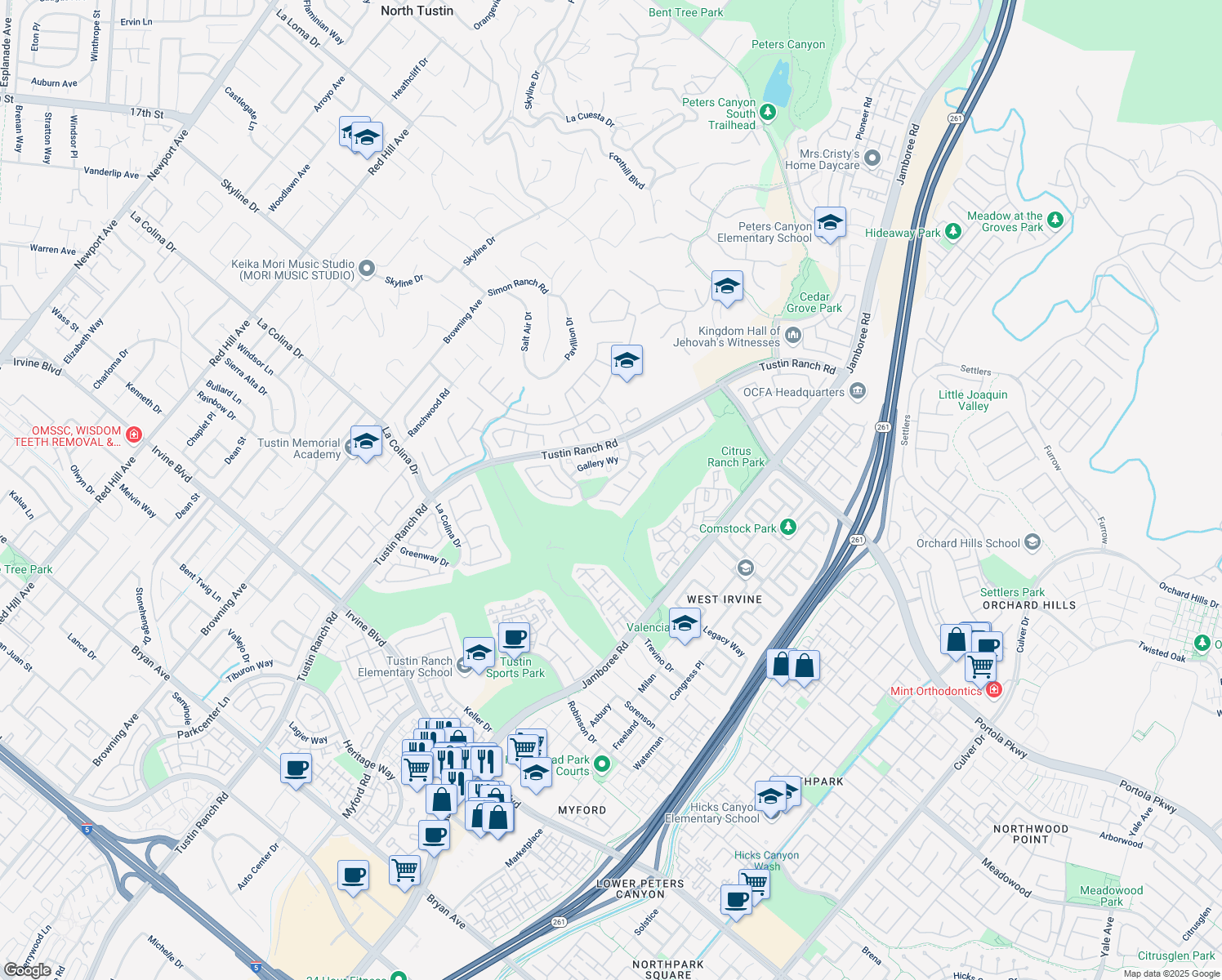 map of restaurants, bars, coffee shops, grocery stores, and more near 2610 Saint Simons in Tustin