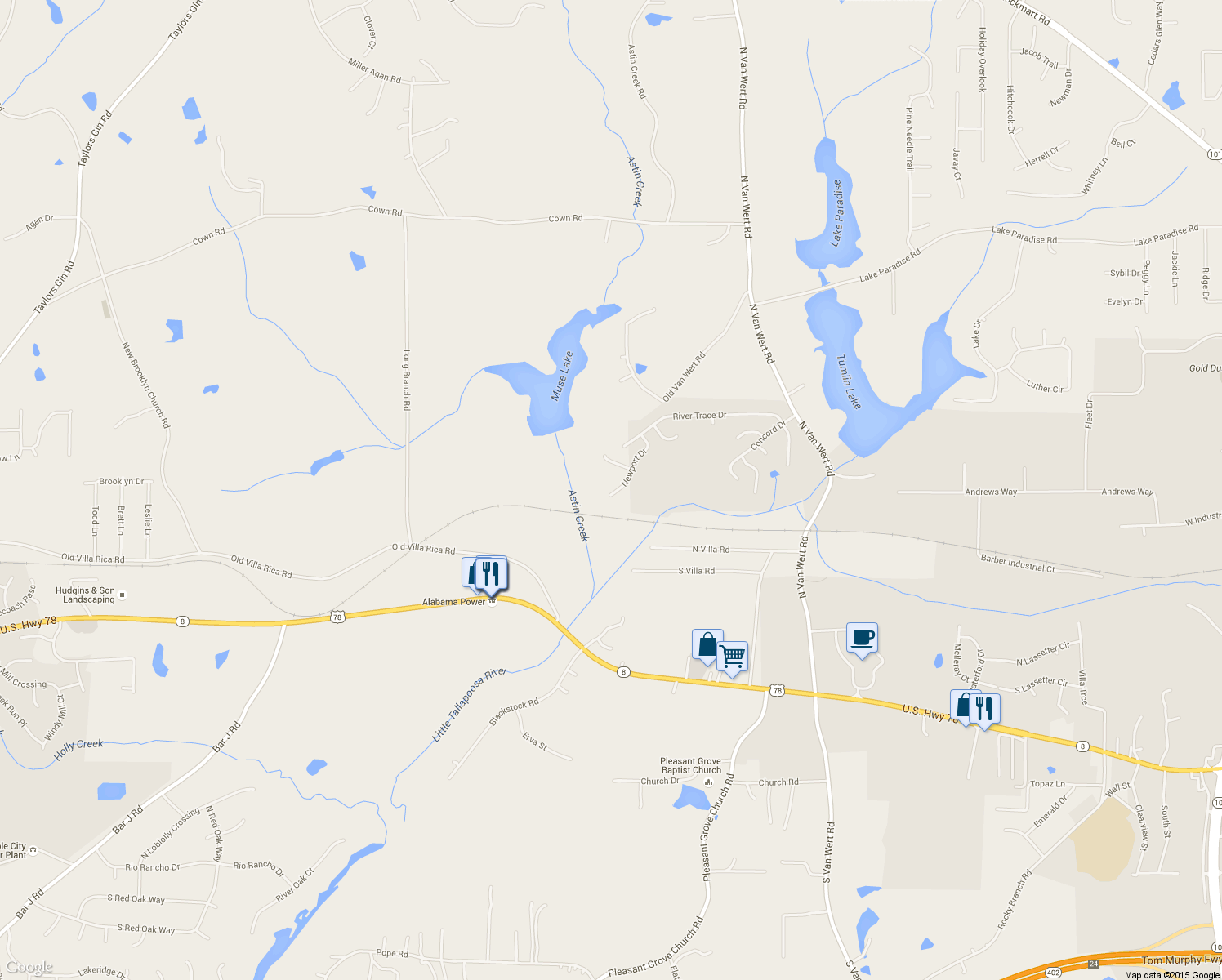 map of restaurants, bars, coffee shops, grocery stores, and more near 757 Newport Drive in Villa Rica