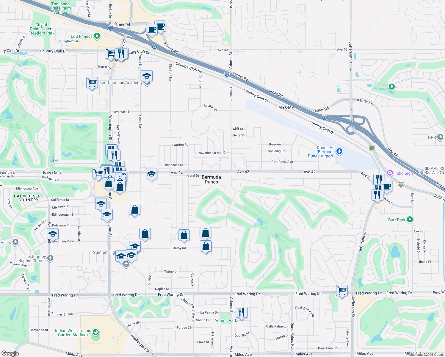 map of restaurants, bars, coffee shops, grocery stores, and more near 78940 Runaway Bay Drive in Bermuda Dunes