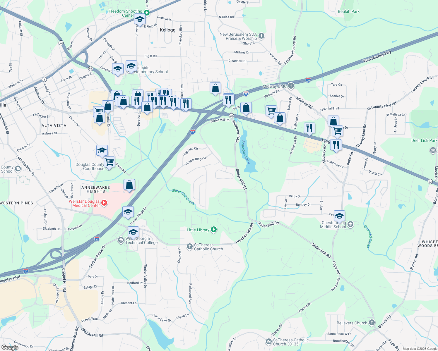 map of restaurants, bars, coffee shops, grocery stores, and more near 1603 Haven Cir in Douglasville