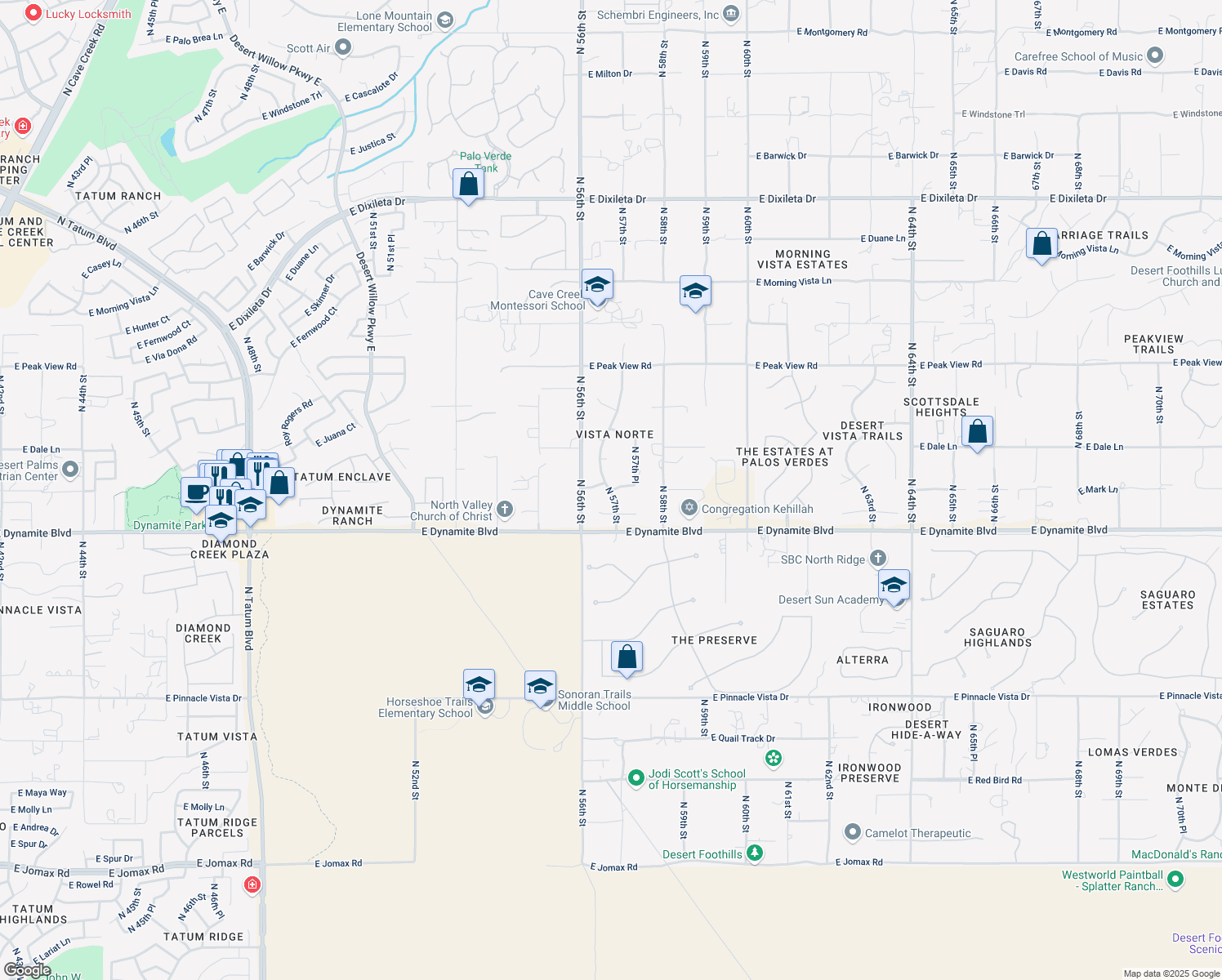 map of restaurants, bars, coffee shops, grocery stores, and more near 32108 North 57th Place in Cave Creek