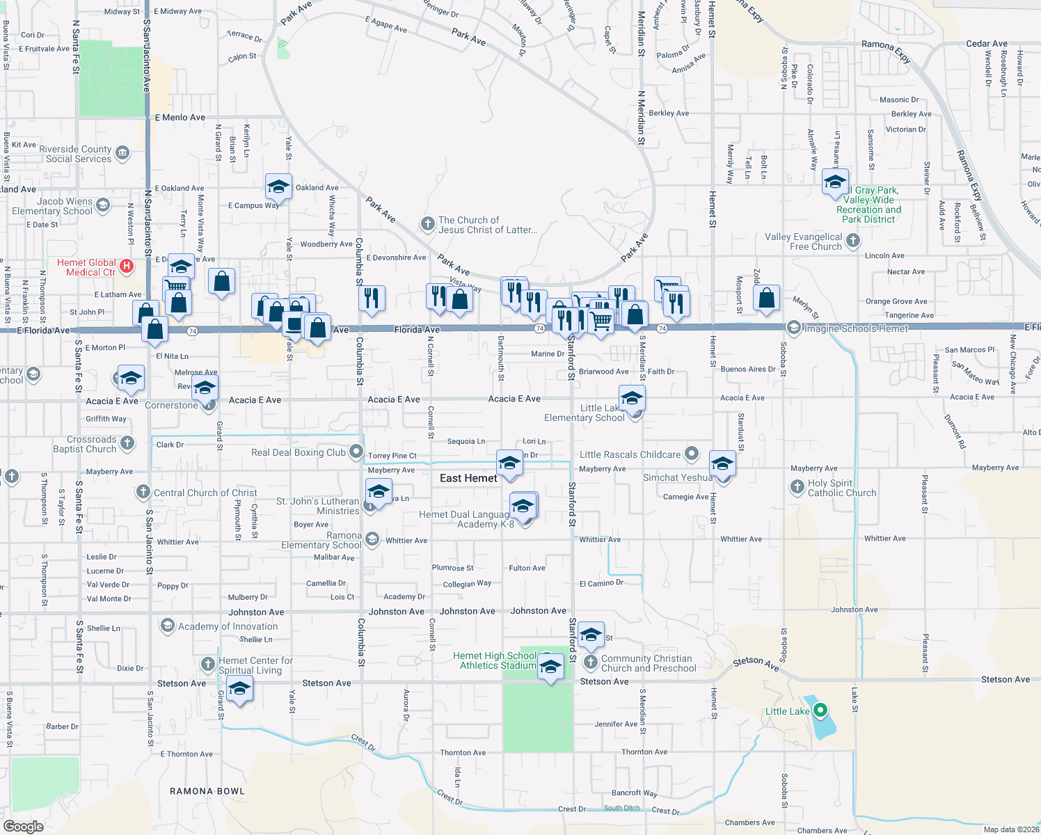 map of restaurants, bars, coffee shops, grocery stores, and more near 41531 Acacia East Avenue in Hemet
