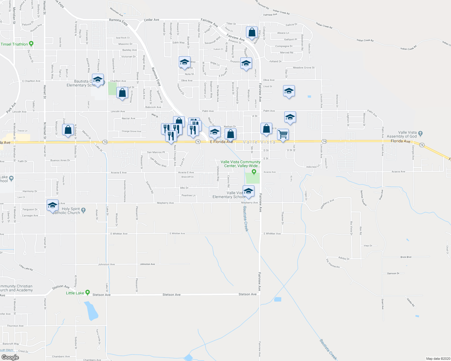map of restaurants, bars, coffee shops, grocery stores, and more near 43705 Rassle Drive in Hemet
