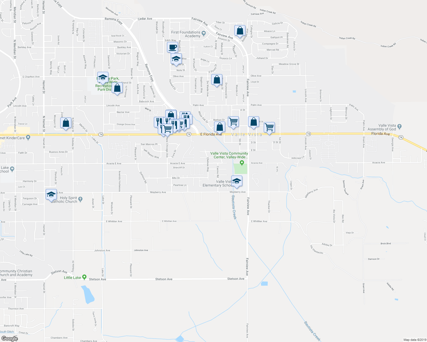 map of restaurants, bars, coffee shops, grocery stores, and more near 43695 Rassle Drive in Hemet