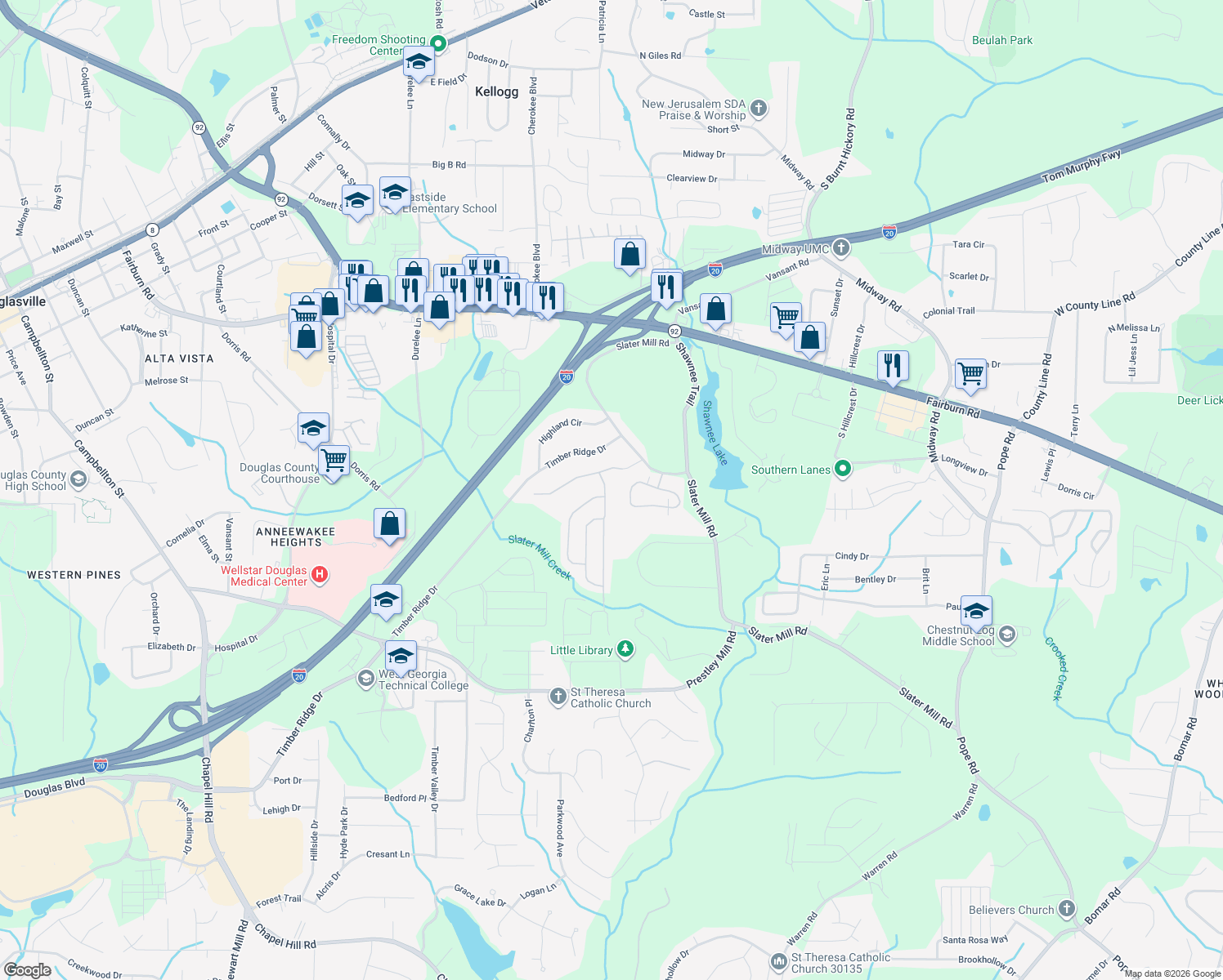 map of restaurants, bars, coffee shops, grocery stores, and more near 8714 Hamil Court in Douglasville