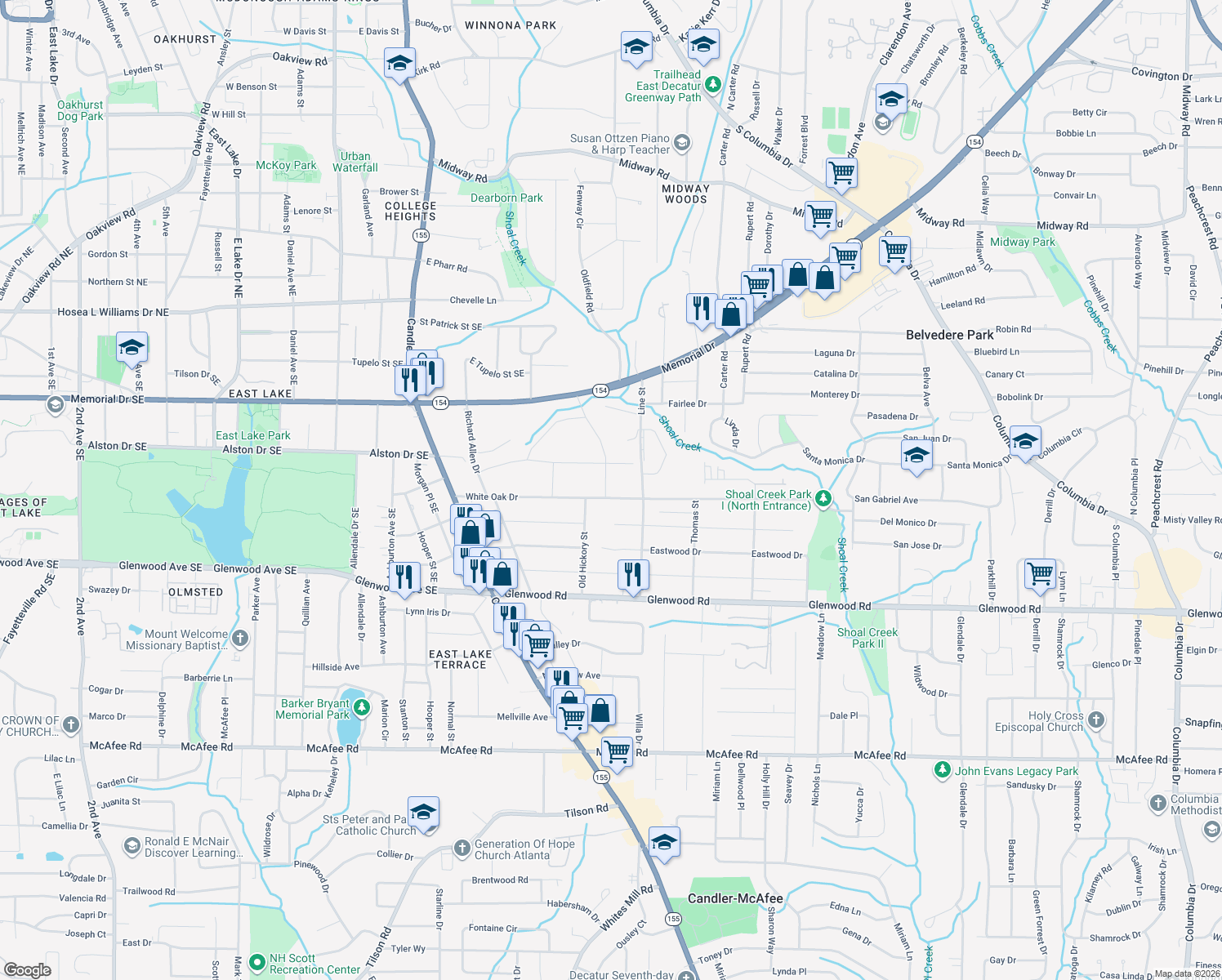map of restaurants, bars, coffee shops, grocery stores, and more near 2648 White Oak Dr in Decatur