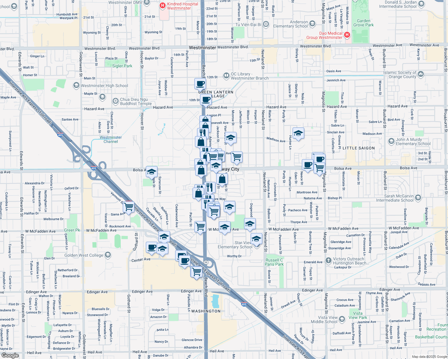 map of restaurants, bars, coffee shops, grocery stores, and more near 15081 Van Buren Street in Midway City