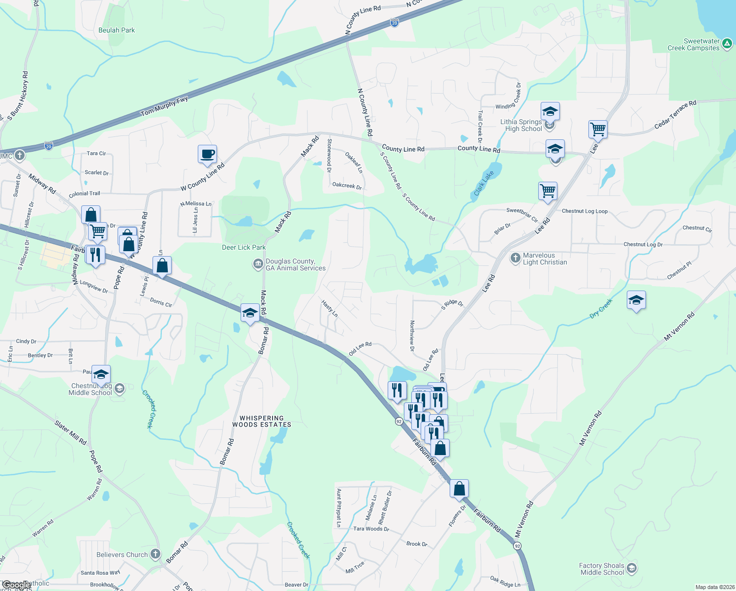 map of restaurants, bars, coffee shops, grocery stores, and more near 3017 Bottle Brush Dr in Lithia Springs