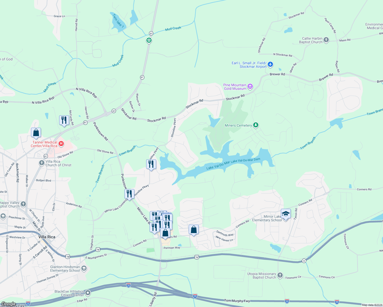map of restaurants, bars, coffee shops, grocery stores, and more near 2811 Stillwater Drive in Villa Rica