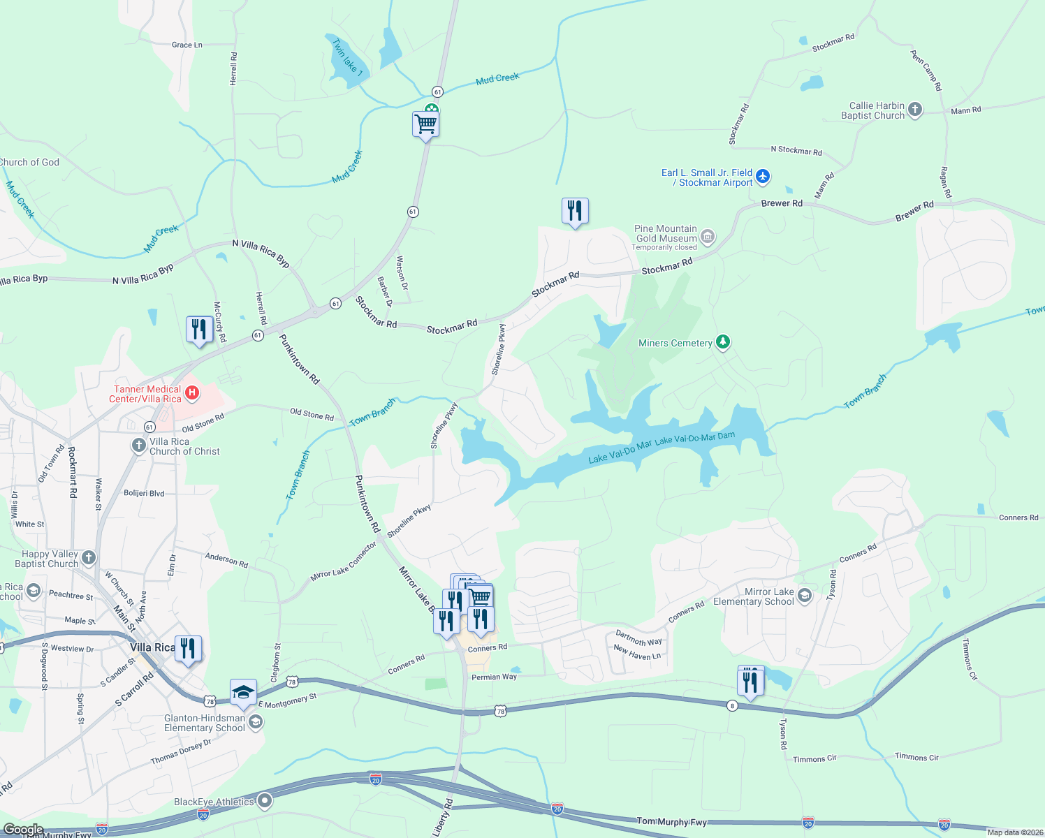 map of restaurants, bars, coffee shops, grocery stores, and more near 9449 Buck Run in Villa Rica