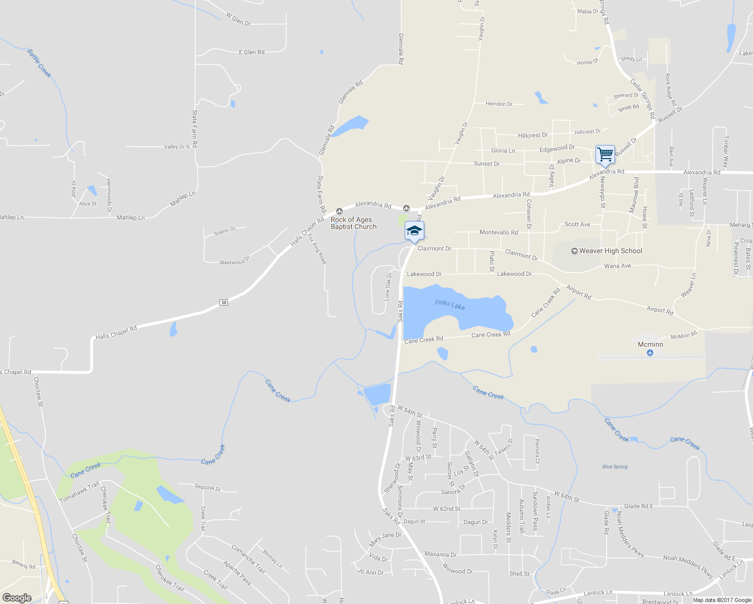 map of restaurants, bars, coffee shops, grocery stores, and more near 52 Lone Oak Drive in Weaver