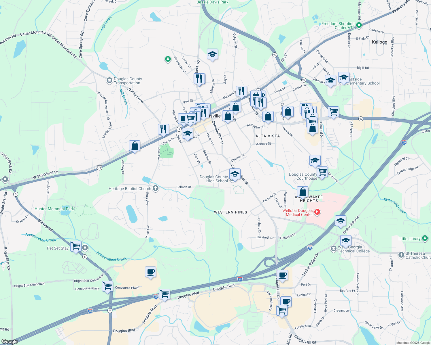 map of restaurants, bars, coffee shops, grocery stores, and more near 8696 Bowden St in Douglasville