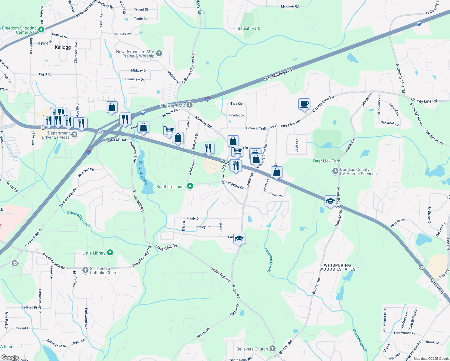 map of restaurants, bars, coffee shops, grocery stores, and more near 3796 Longview Drive in Douglasville