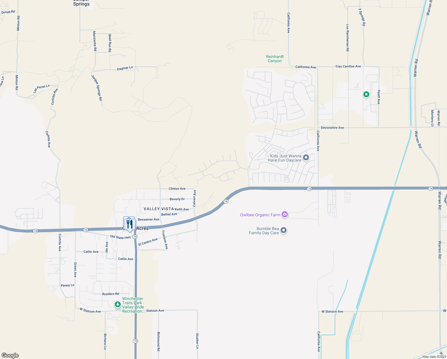 map of restaurants, bars, coffee shops, grocery stores, and more near 8760 Mann Lane in Hemet