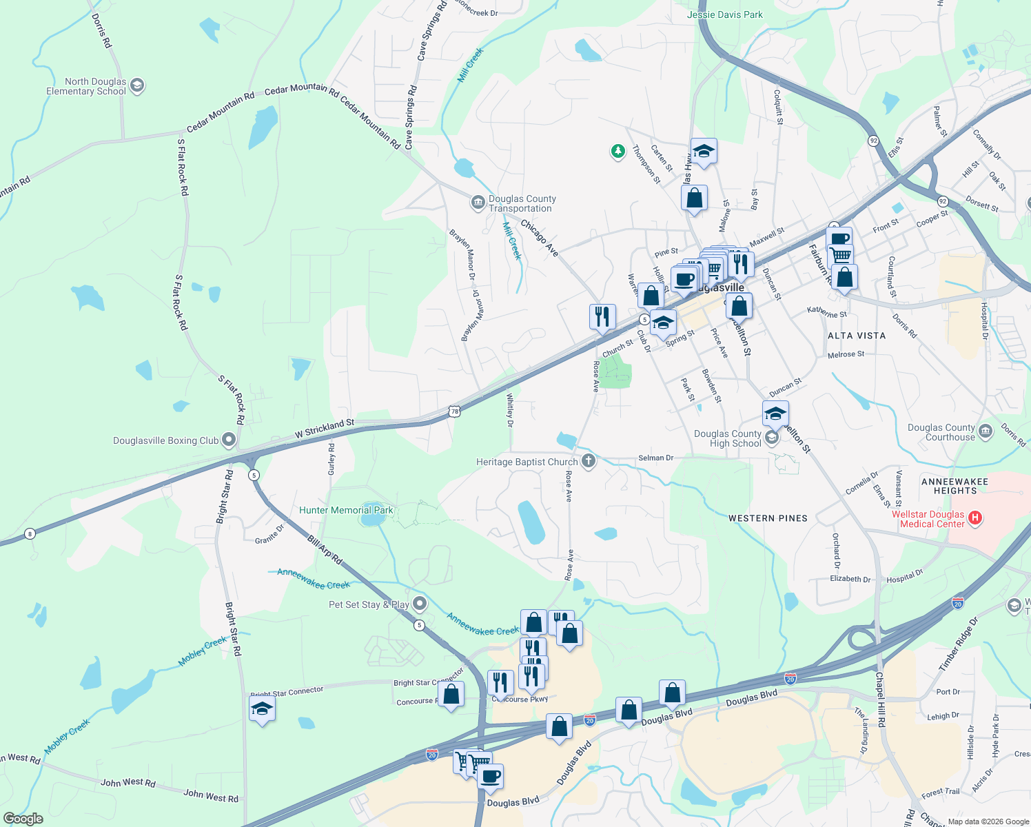 map of restaurants, bars, coffee shops, grocery stores, and more near 8680 Whitley Drive in Douglasville