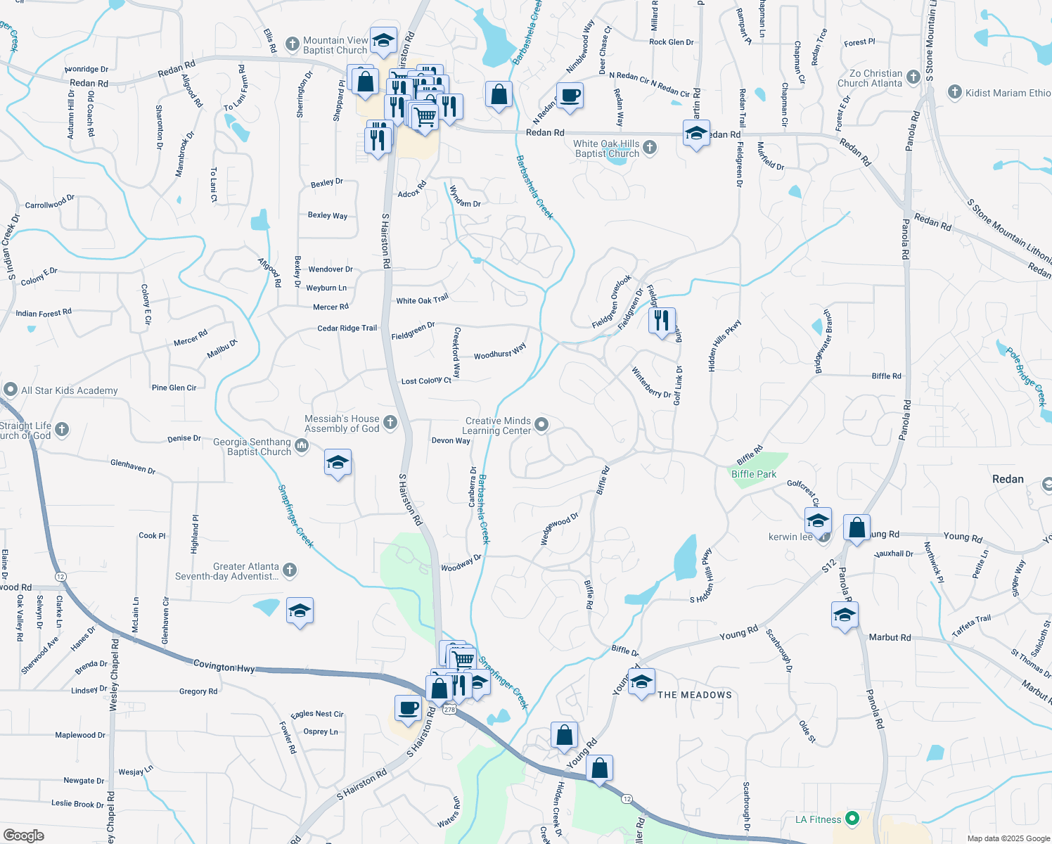 map of restaurants, bars, coffee shops, grocery stores, and more near 4870 Terrace Green Trce in Stone Mountain