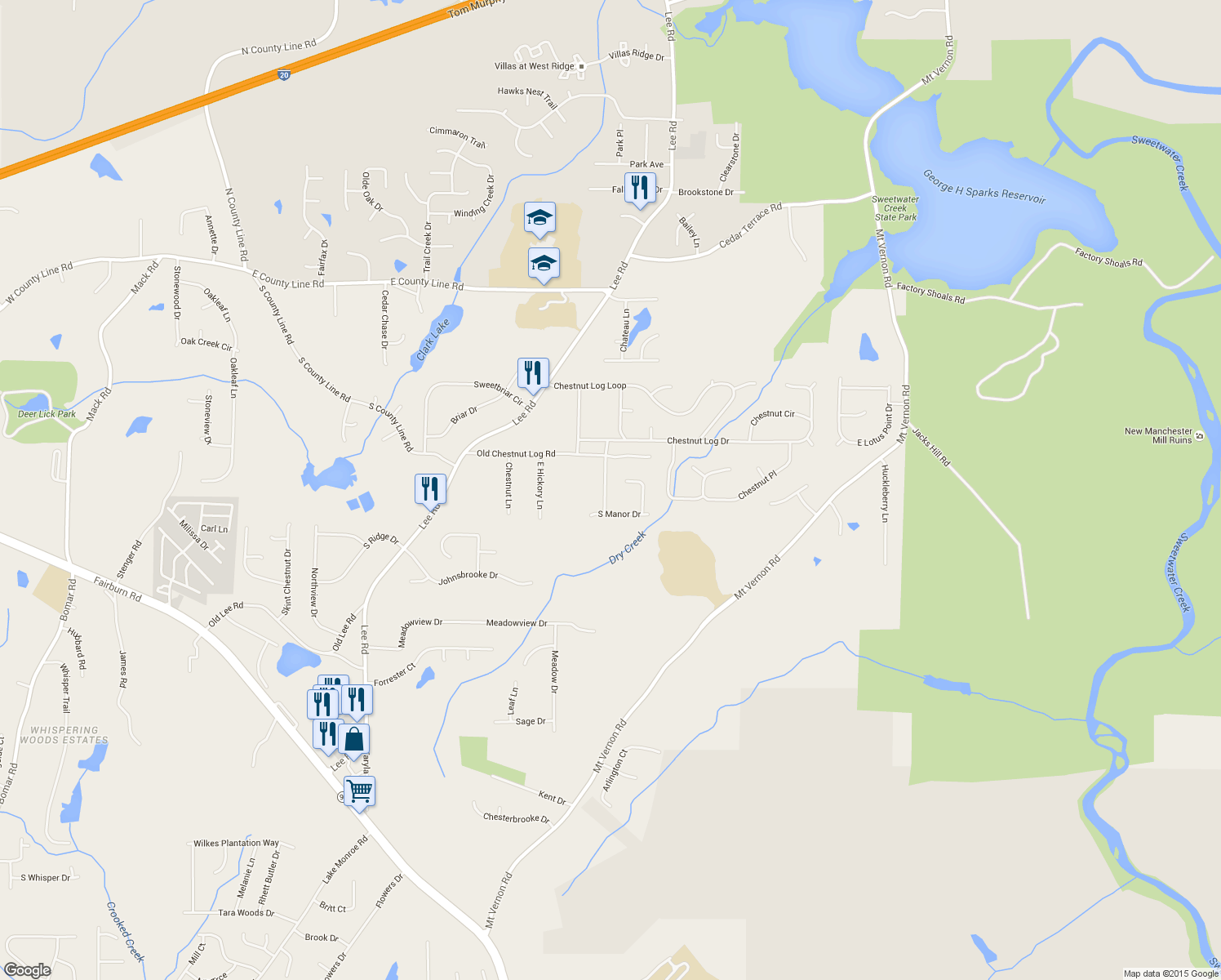map of restaurants, bars, coffee shops, grocery stores, and more near 2202 Chestnut Bend in Lithia Springs