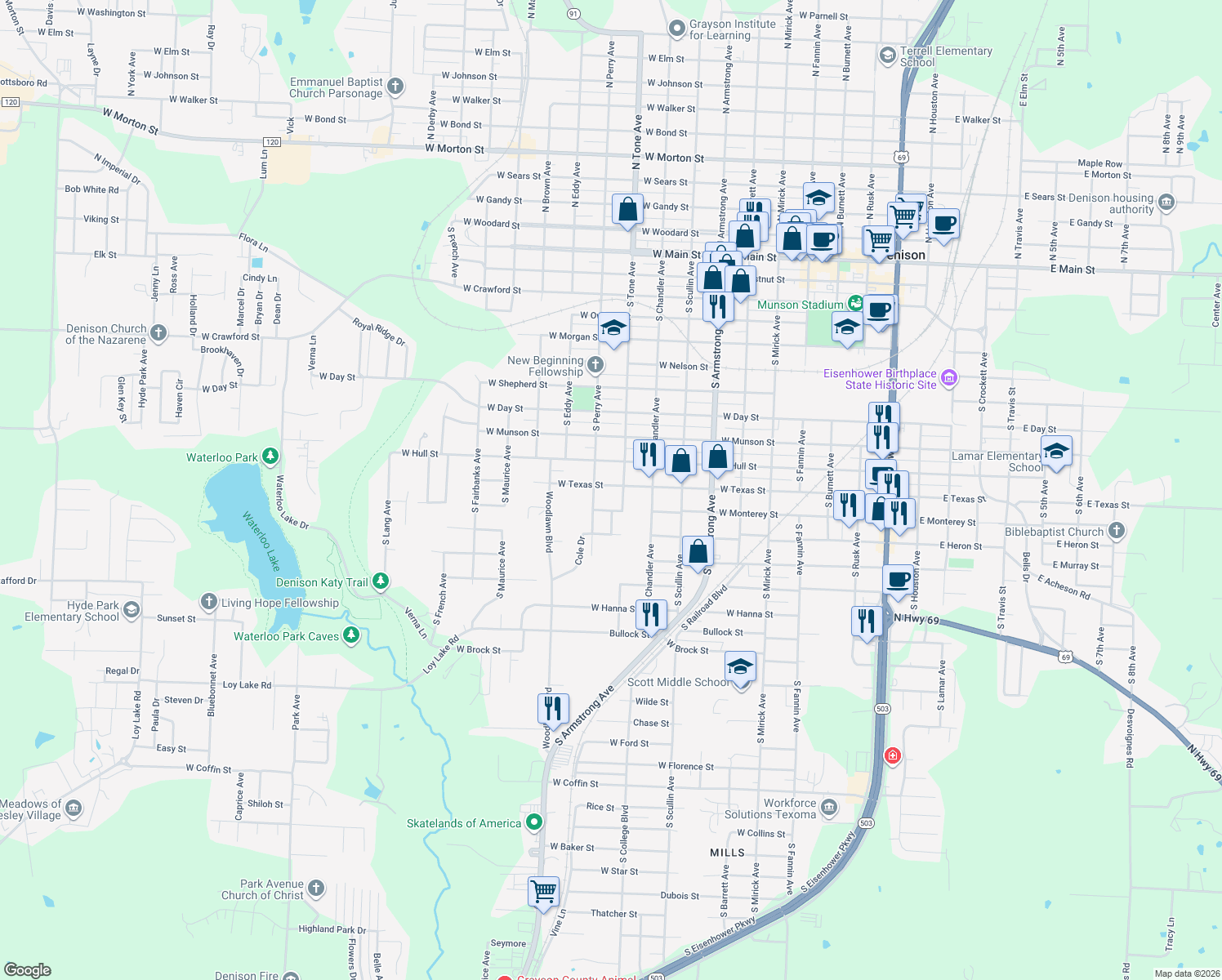 map of restaurants, bars, coffee shops, grocery stores, and more near 1120 West Texas Street in Denison