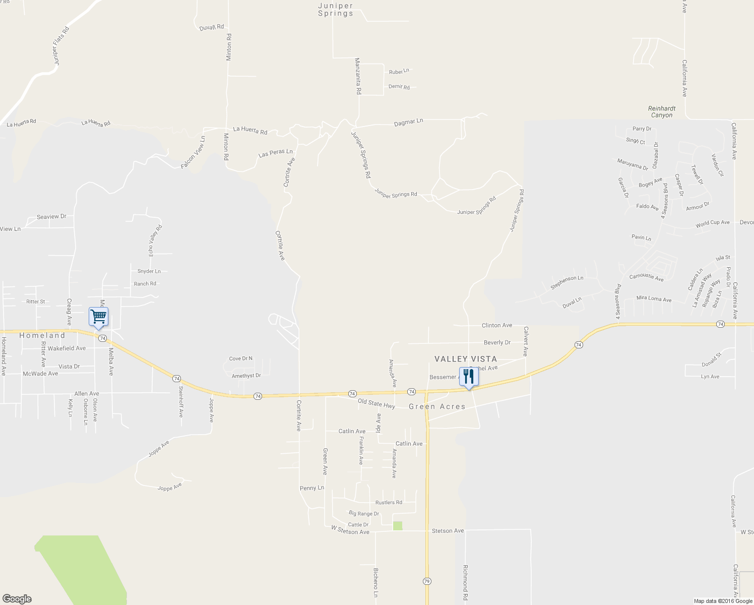 map of restaurants, bars, coffee shops, grocery stores, and more near Juniper Springs Road in Hemet